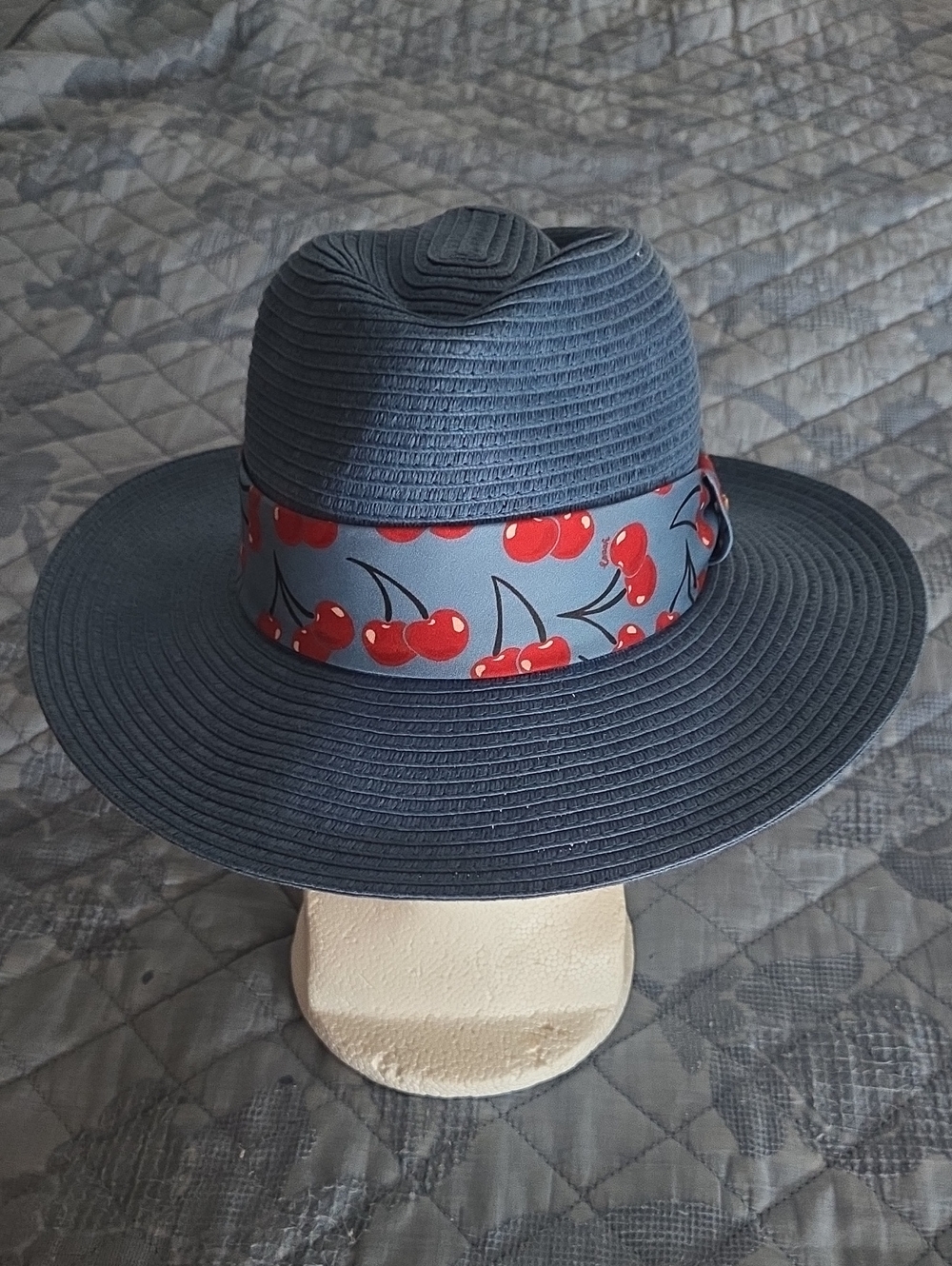 Coach Straw Brimmed Hat With Cherry Print Scarf Black & Red Like New